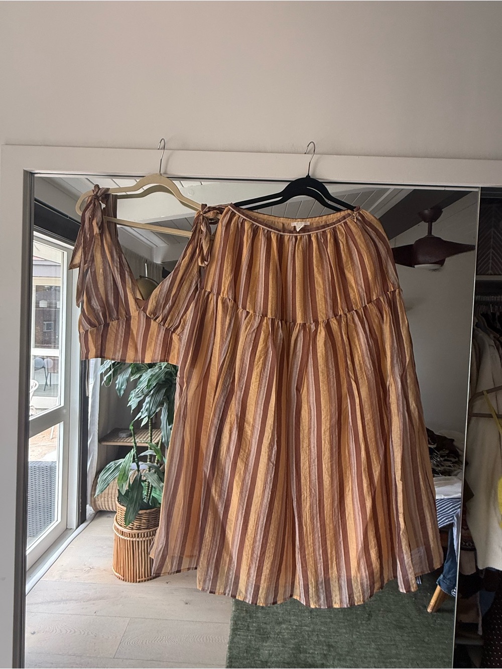 H&M Striped Tiered Midi Skirt in Rust and Cream